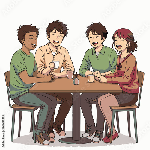 Diverse friends share authentic laughter and true connections over coffee in a modern urban cafe, capturing candid moments of happiness and social interaction.