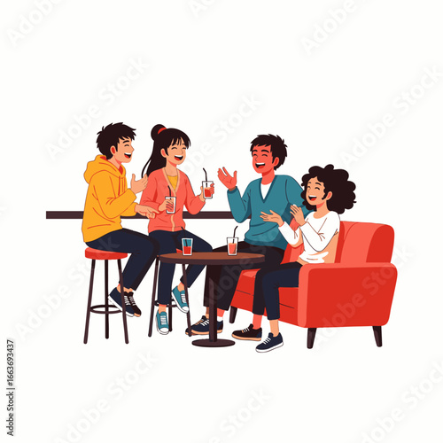 A vibrant group of diverse friends enjoys authentic laughter and true connections while socializing in a modern urban coffee shop, embodying happiness and community.