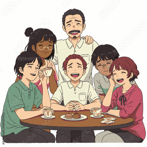 A diverse group of friends shares authentic laughter and true connections over coffee in a modern cafe, celebrating urban community, happiness, and social interaction.