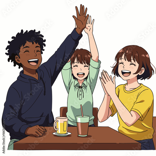 Diverse young friends share authentic laughter and true connections, celebrating their vibrant community with high-fives inside a modern cafe.