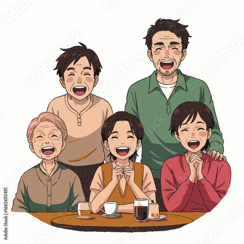 A joyful multi-generational family and friends share authentic laughter and true connections while enjoying drinks and dessert in a modern cafe setting.