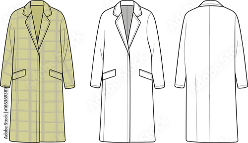 Cad drawing flat vector illustration, plaid long coat fashion sketch, technical outerwear design, front and back view, overcoat template design new update