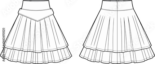  new update CAD Drawing Flat Vector Illustration, Pleated Layered Skirt Design, Front and Back Technical Fashion Sketch, Flared High Waist Skirt Template