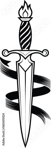Dagger Graphic, with Flame and Ribbon Banner