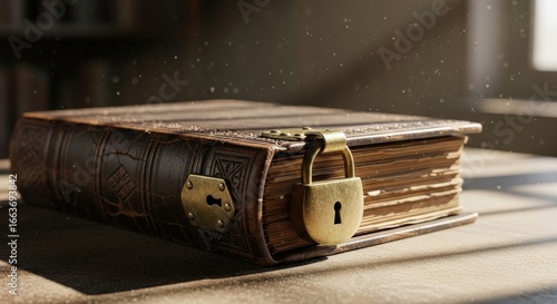 An old, locked leatherbound book with a brass clasp sits on a wooden surface, bathed in dramatic sunlight, hinting at secrets and knowledge