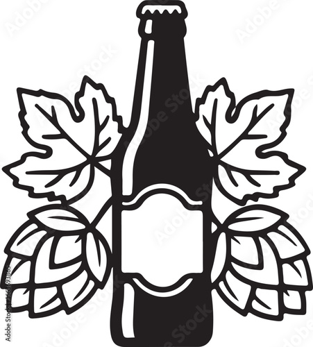 Craft Beer Bottle with Hops and Leaves Icon