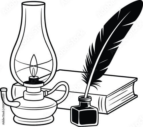 Vintage Writing Set, Oil Lamp, Quill, and Book
