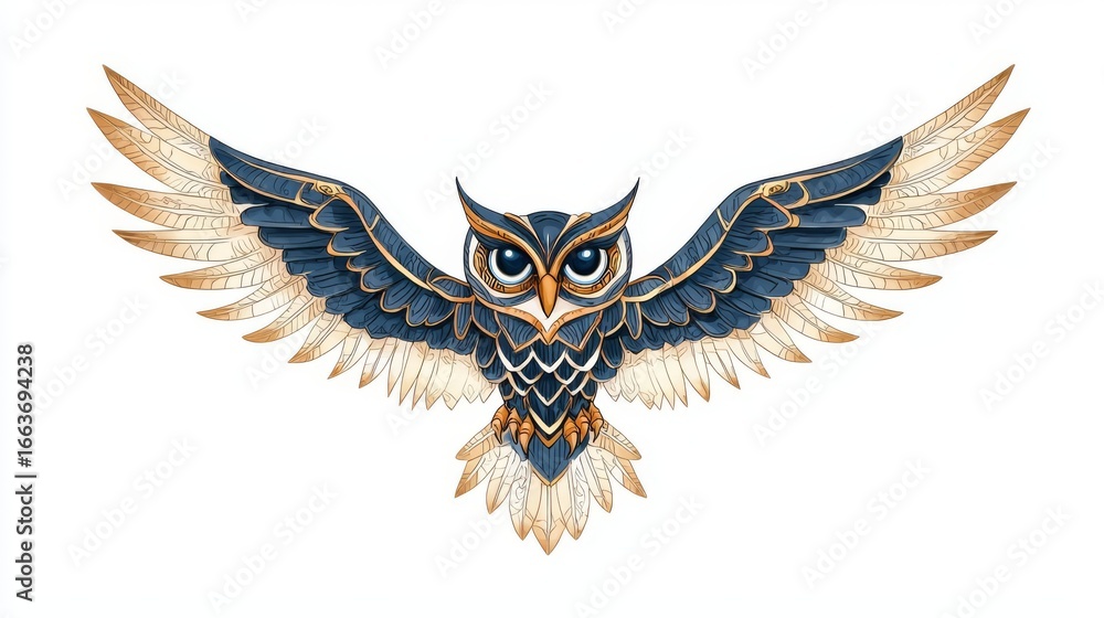 Fototapeta premium An intricately designed owl with majestic wings spread wide, showcasing vibrant colors and exquisite details.