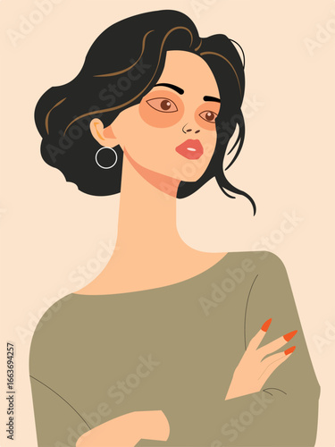 Modern woman with long hair, a beautiful girl, flat vector illustration