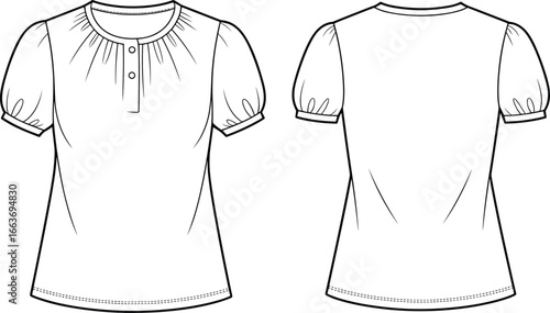 CAD drawing flat vector illustration, short sleeve blouse design, puff sleeves, button placket, front and back view, fashion sketch template new update