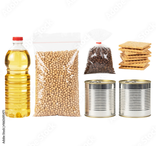 Pantry Essentials A Selection of Non Perishable Food Items for Emergency Preparedness and Long Term Storage isolated on a transparent background.