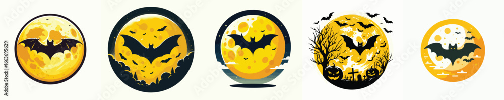 Full moon with bat silhouettes on Halloween theme. Vector, illustration, icon set Full moon with bat silhouettes on Halloween theme. Vector, illustration, icon set