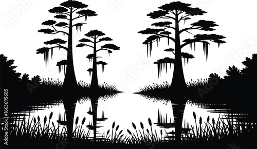 Cypress Swamp Silhouette Vector, Wetland Trees and Reflection Illustration.