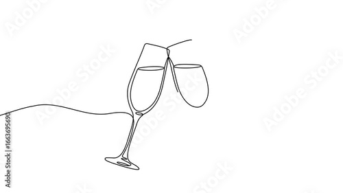 Animation of a single line drawing of two champagne glasses. Continuous contour movement of two champagne glasses. Continuous video with one line.