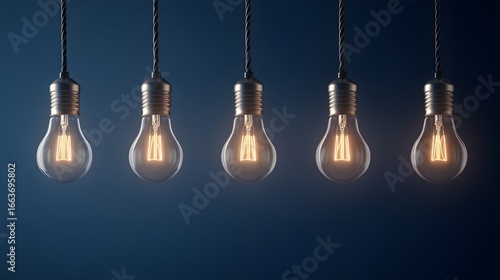 Five Glowing Vintage Light Bulbs Hanging Dark Background