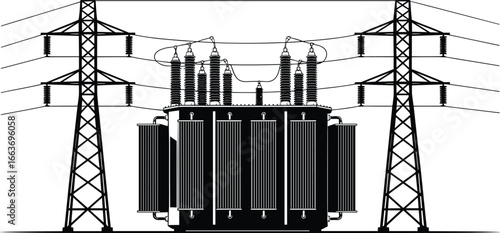 Electrical transformer station with high voltage power lines, electricity transmission, energy distribution, electric power infrastructure, industrial utility, electrical substation