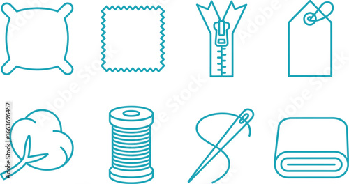 Blue Outlined Pillow, Fabric Swatch, Zipper, and Tag on White Surface Icons Isolated