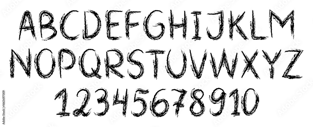 Crayon kids font, doodle playful alphabet with hand drawn letters and numbers. Wax crayon ABC 