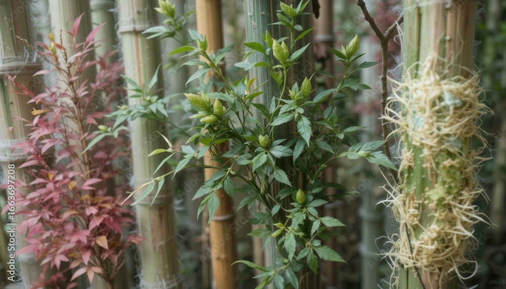 Obraz premium Green bamboo plants in various pots lined against a wall, creating a fresh and natural decorative touch for outdoor or indoor garden spaces