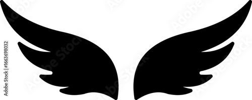 Wings silhouette flat icon. Bird, angel and eagle minimalist black wing icon for branding, tattoos, logo, emblems, or fantasy design. Vector illustration, isolated on transparent background.