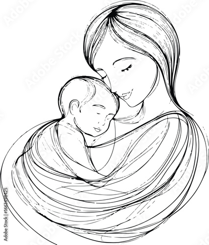 Abstract black and white line art of mother cradling child in arms, continuous single stroke, elegant and soft 1