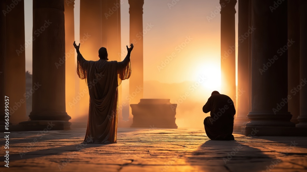 Fototapeta premium The parable of the Pharisee and the tax collector, illustrating the contrast between pride and humble repentance.