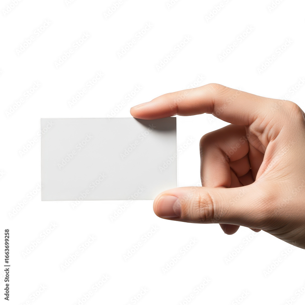 Fototapeta premium Hand holding blank white business card for contact information exchange and networking transparent background