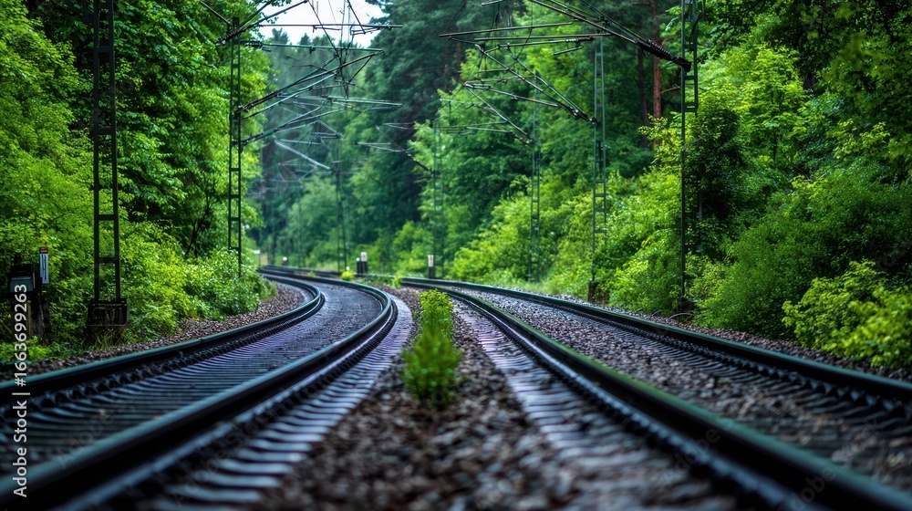 Fototapeta premium Two Railway Tracks Meandering Through a Lush Green Forest Towards the Horizon