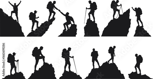Hiking and mountain climbing silhouettes vector – hikers with backpacks, climbing peaks, helping hands, trekking outdoors, adventure sport graphics