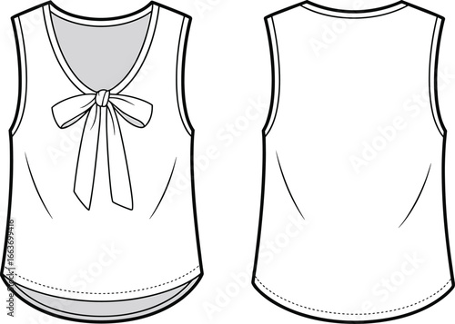 CAD drawing flat vector illustration, sleeveless top with bow detail, front and back view, fashion design, sewing pattern, apparel template new update