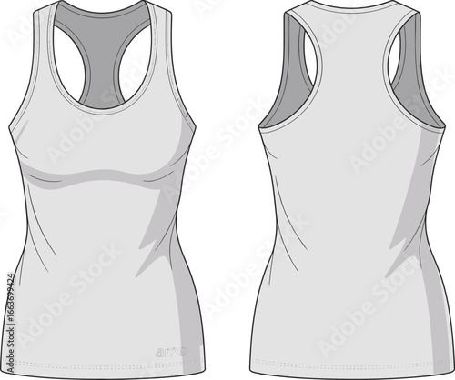CAD drawing flat vector illustration, sleeveless tank top design, front and back view, fashion sketch, apparel template, clothing design layout new update