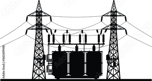 High-voltage electrical substation with transmission towers, power distribution system, energy infrastructure, industrial electricity, electric power grid, electrical transmission network