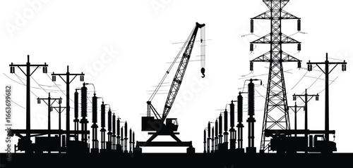 Industrial power line infrastructure vector, electrical transmission towers and crane silhouette, high voltage substation, construction site illustration