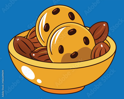 Cartoon Bowl Full of Chocolate Chip Cookies and Almonds Illustration on Blue Background