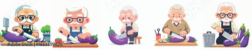 vector of grandfather slicing eggplant