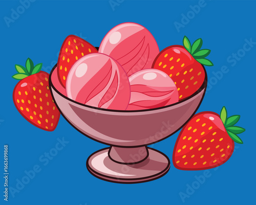 Delicious Strawberry Ice Cream Sundae with Fresh Berries in Cartoon Style Illustration