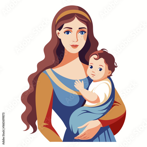 Stylized illustration of a mother holding her baby in a sling