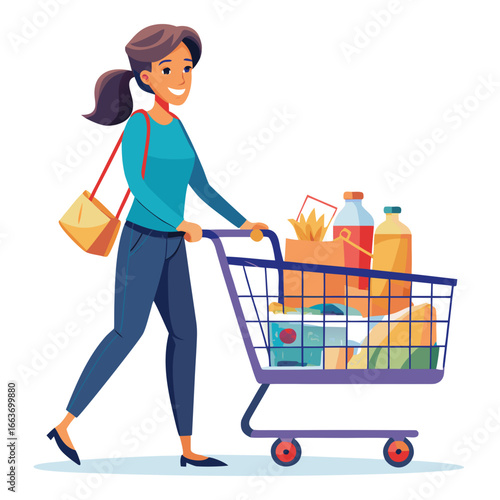 Woman pushing a shopping cart full of groceries