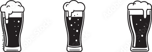 Set of Three Black and White Beer Glass Icons with Foamy Head