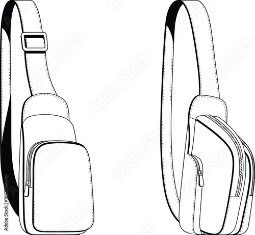 CAD drawing flat vector illustration, sling bag design, fashion accessory, front and side view, zipper closure, adjustable strap, black outline, minimalist style, editable file  new update