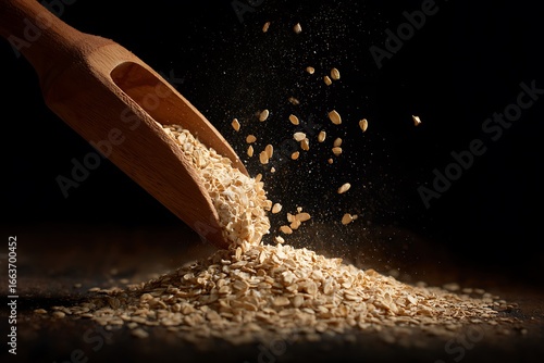 Wooden scoop pouring dry oats into a pile on a dark surface with scattered grains