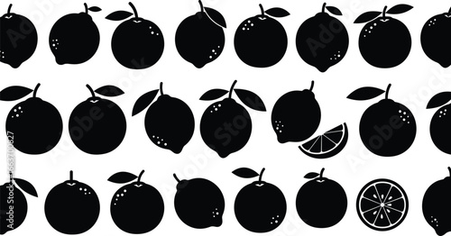 Lemon and citrus fruit silhouettes – vector icons of lemons, limes, oranges with slices and leaves in black graphic style