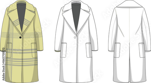 Cad drawing flat vector illustration, stylish winter coat design, women’s fashion outerwear, plaid and plain coat options, technical fashion sketch new update