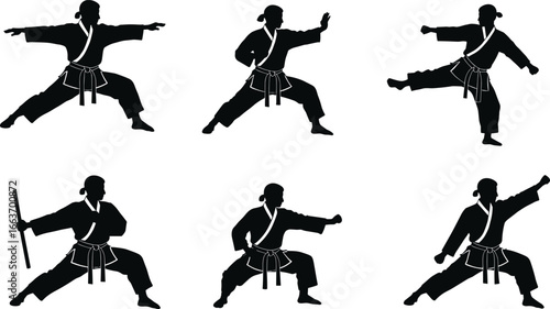 Martial artist silhouette vector set, karate fighter practicing stances, kicks, punches and weapon combat, martial arts training icons