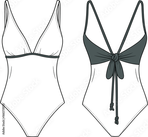 CAD drawing flat vector illustration, technical fashion sketch of women’s one-piece swimsuit, front and back view, stylish swimwear design new update