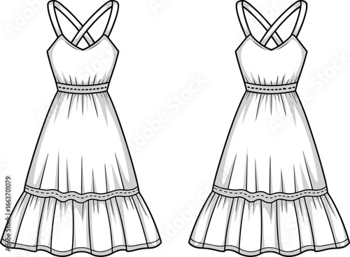 Cad drawing flat vector illustration, summer dress design, fashion sketch, sleeveless dress, stylish garment, apparel template for designers new update