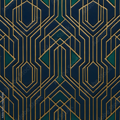 Elegant art deco geometric pattern with gold lines on deep teal background evoking sophistication and vintage glamour