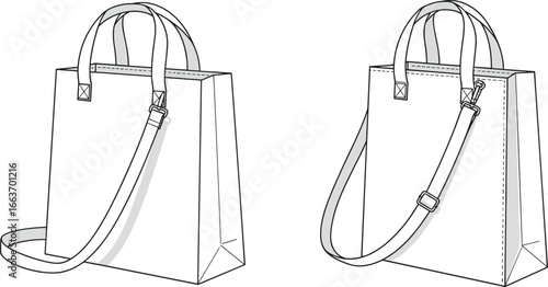 CAD drawing flat vector illustration, tote bag design, adjustable straps, fashion accessory, front view, versatile layout, black outline, stylish silhouette, editable artwork, everyday use
