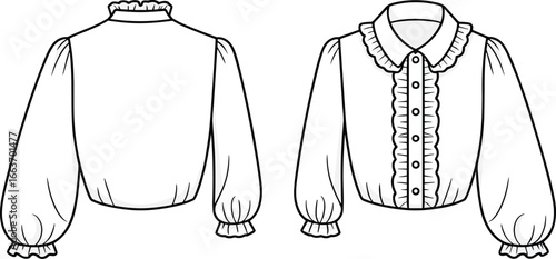 CAD drawing flat vector illustration, Victorian blouse design, ruffle collar, puff sleeves, button-down front, fashion sketch, vintage garment template new update