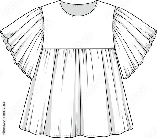 Cad drawing flat vector illustration, white dress design, ruffle sleeves, children’s fashion, garment sketch, sewing pattern, clothing template, fashion design concept